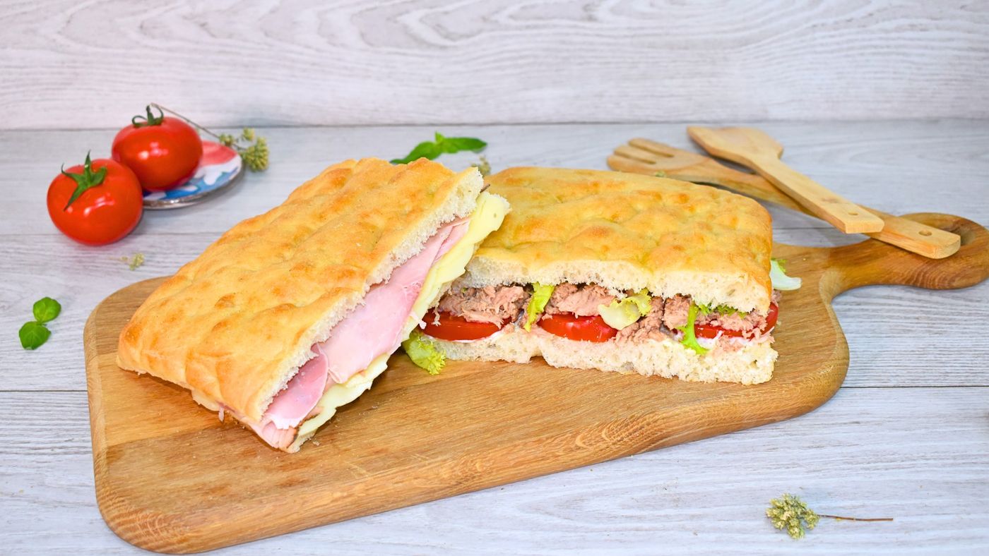 Cut in half and filled with salmon and avocado