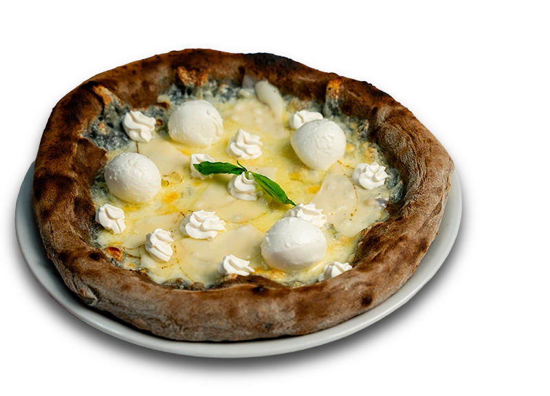 Nero vegetable-charcoal dough baked into a striking black-crust pizza