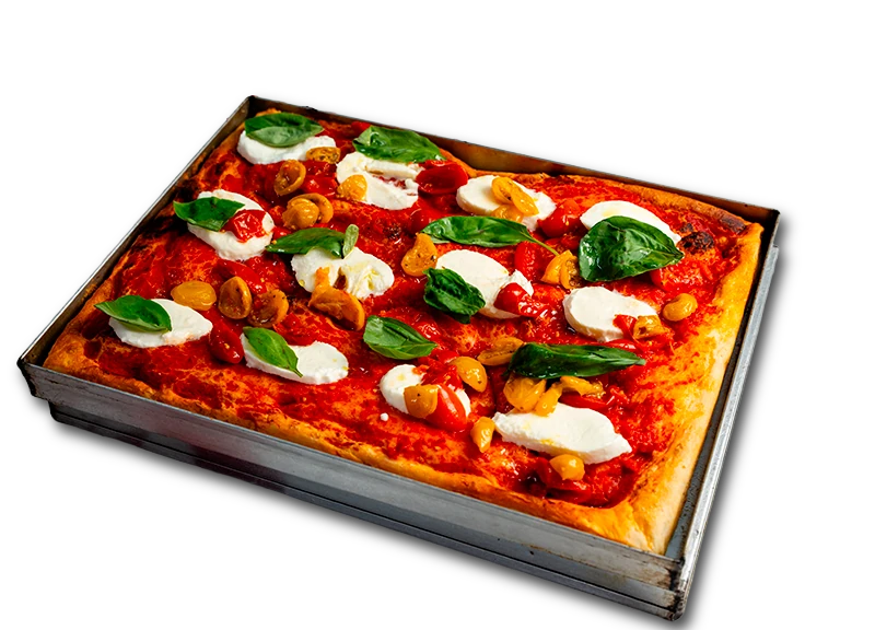 Teglia dough baked into a classic tray pizza